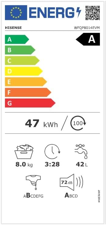 Hisense WFQP8014EVM - Lavadora con Vapor, Clase A, Carga Frontal 8 Kg, 1400 rpm, 16 Programas, Control de balanceo inteligente del tambor, Display LED, Programa rápido, Bloqueo Infantil [Clase de eficiencia energética A]