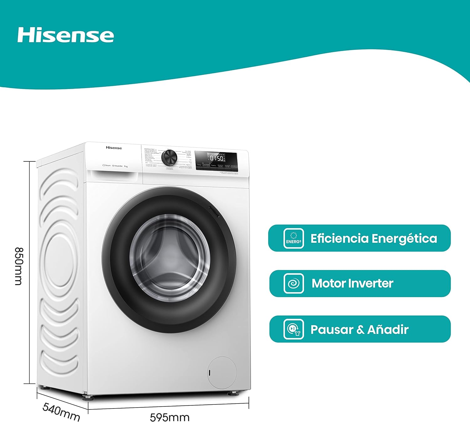 Hisense WFQP8014EVM - Lavadora con Vapor, Clase A, Carga Frontal 8 Kg, 1400 rpm, 16 Programas, Control de balanceo inteligente del tambor, Display LED, Programa rápido, Bloqueo Infantil [Clase de eficiencia energética A]