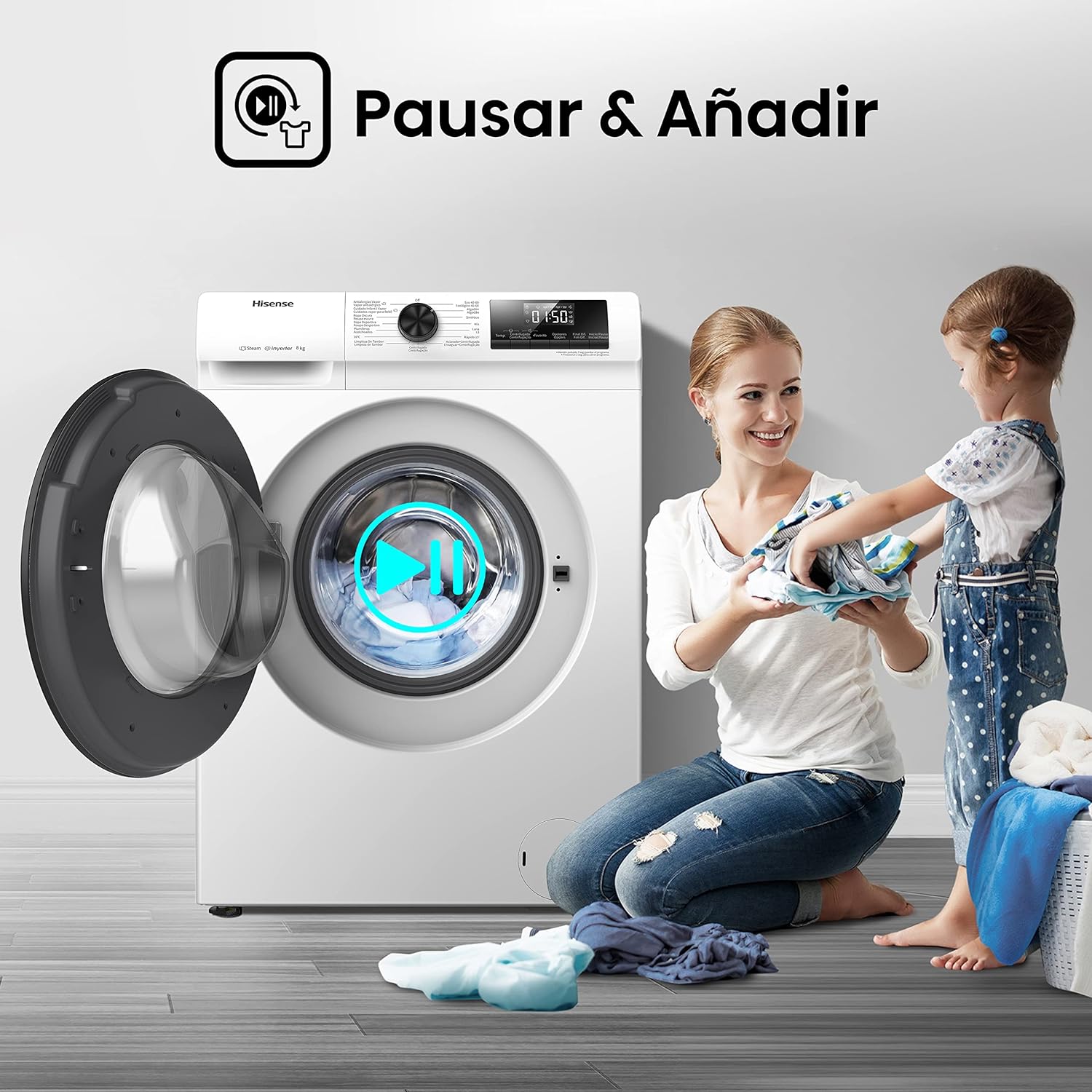 Hisense WFQP8014EVM - Lavadora con Vapor, Clase A, Carga Frontal 8 Kg, 1400 rpm, 16 Programas, Control de balanceo inteligente del tambor, Display LED, Programa rápido, Bloqueo Infantil [Clase de eficiencia energética A]