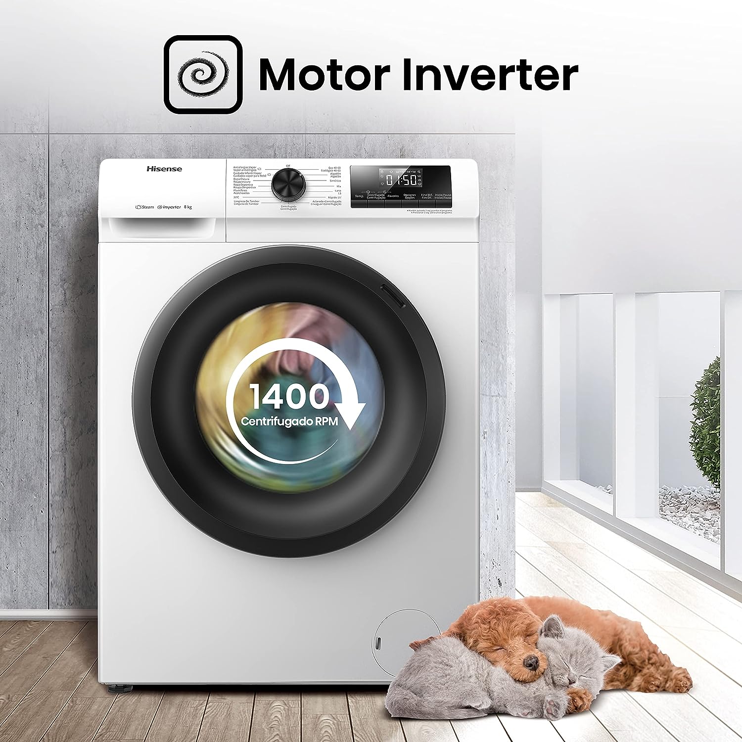Hisense WFQP8014EVM - Lavadora con Vapor, Clase A, Carga Frontal 8 Kg, 1400 rpm, 16 Programas, Control de balanceo inteligente del tambor, Display LED, Programa rápido, Bloqueo Infantil [Clase de eficiencia energética A]