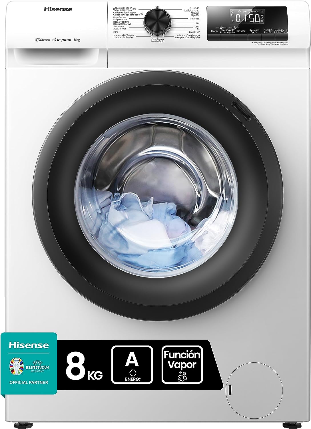 Hisense WFQP8014EVM - Lavadora con Vapor, Clase A, Carga Frontal 8 Kg, 1400 rpm, 16 Programas, Control de balanceo inteligente del tambor, Display LED, Programa rápido, Bloqueo Infantil [Clase de eficiencia energética A]